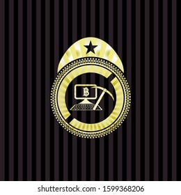 bitcoin mining icon inside gold shiny emblem