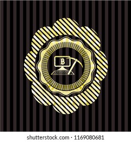 bitcoin mining icon inside golden emblem or badge