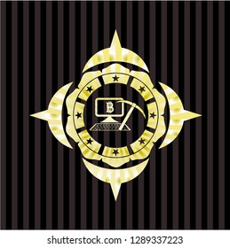 bitcoin mining icon inside golden emblem