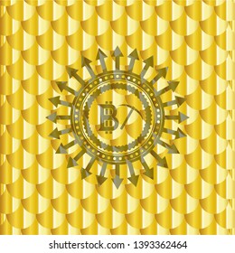 bitcoin mining icon inside golden emblem or badge. Scales pattern. Vector Illustration. Detailed.