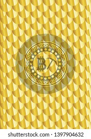 bitcoin mining icon inside golden badge or emblem. Scales pattern. Vector Illustration. Detailed.