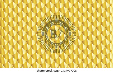 bitcoin mining icon inside golden badge. Scales pattern. Vector Illustration. Detailed.