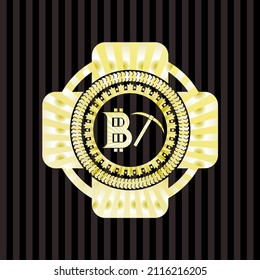 bitcoin mining icon inside golden emblem or badge. 