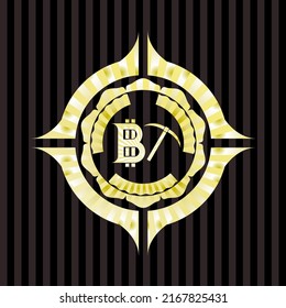 bitcoin mining icon inside golden badge or emblem. 
