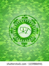 bitcoin mining icon inside green mosaic emblem