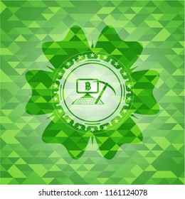 bitcoin mining icon inside green emblem with mosaic ecological style background