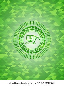 bitcoin mining icon inside green emblem with mosaic ecological style background