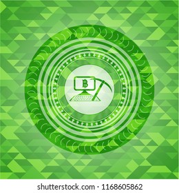 bitcoin mining icon inside green mosaic emblem