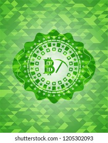 bitcoin mining icon inside green emblem with mosaic background