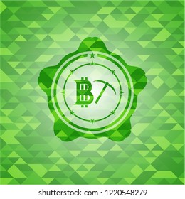 bitcoin mining icon inside green emblem with mosaic background