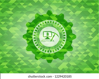 bitcoin mining icon inside green emblem with mosaic ecological style background
