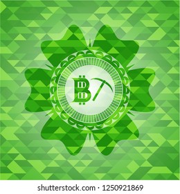 bitcoin mining icon inside green emblem with mosaic ecological style background
