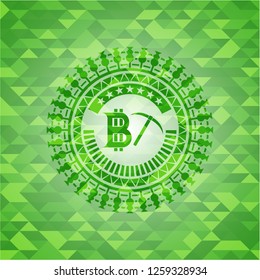 bitcoin mining icon inside green emblem with mosaic ecological style background