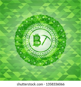 bitcoin mining icon inside green emblem with mosaic background