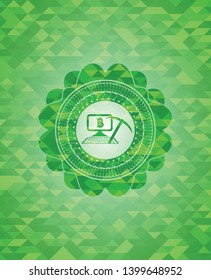 bitcoin mining icon inside green emblem with mosaic background