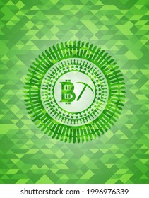 bitcoin mining icon inside green emblem with triangle mosaic background. 
