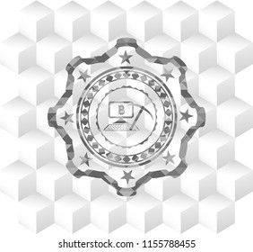 bitcoin mining icon inside grey icon or emblem with geometric cube white background