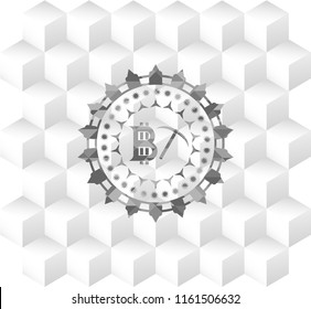 bitcoin mining icon inside grey emblem with geometric cube white background