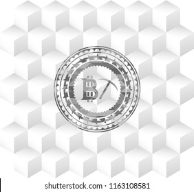 bitcoin mining icon inside grey emblem with geometric cube white background