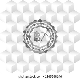 bitcoin mining icon inside grey emblem with cube white background