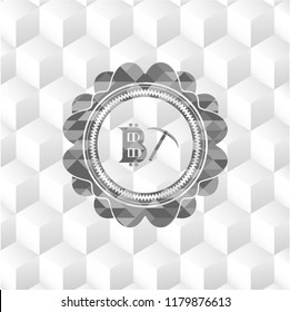 bitcoin mining icon inside grey emblem with geometric cube white background