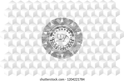 bitcoin mining icon inside grey badge with geometric cube white background