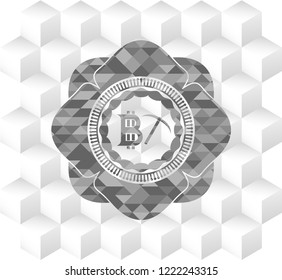 bitcoin mining icon inside grey badge with geometric cube white background
