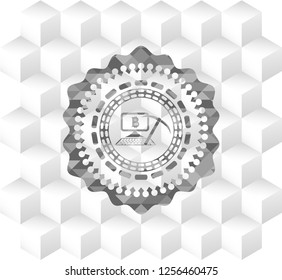 bitcoin mining icon inside grey badge with geometric cube white background