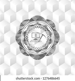 bitcoin mining icon inside grey emblem with cube white background
