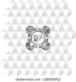bitcoin mining icon inside grey emblem with geometric cube white background