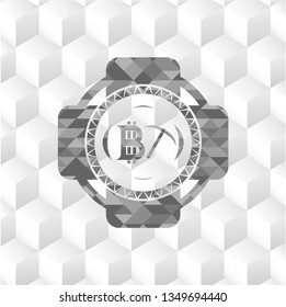 bitcoin mining icon inside grey emblem with cube white background