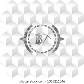 bitcoin mining icon inside grey badge with geometric cube white background