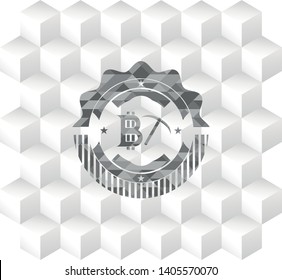 bitcoin mining icon inside grey badge with geometric cube white background