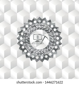 bitcoin mining icon inside grey badge with geometric cube white background