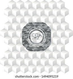 bitcoin mining icon inside grey badge with geometric cube white background
