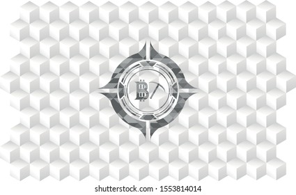 bitcoin mining icon inside grey badge with geometric cube white background