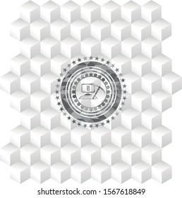 bitcoin mining icon inside grey badge with geometric cube white background
