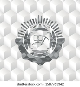 bitcoin mining icon inside grey emblem. Vintage with geometric cube white background