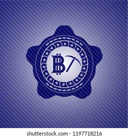 bitcoin mining icon inside jean or denim emblem or badge background