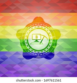 icono de minería de bitcoin dentro del emblema de colores de lgbt 