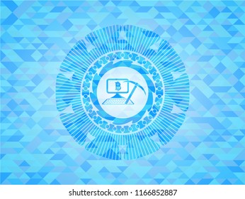 bitcoin mining icon inside light blue emblem with mosaic ecological style background