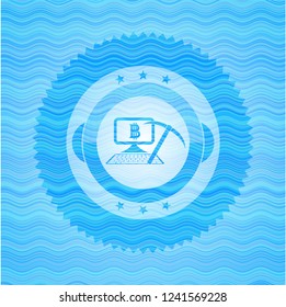 bitcoin mining icon inside light blue water wave emblem.