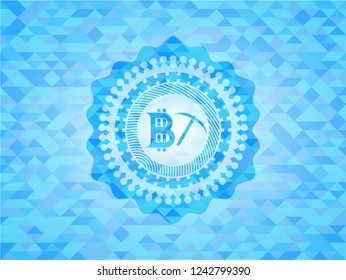 bitcoin mining icon inside light blue mosaic emblem