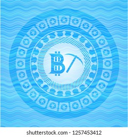 bitcoin mining icon inside light blue water wave style badge.