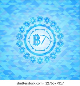 bitcoin mining icon inside light blue emblem with triangle mosaic background