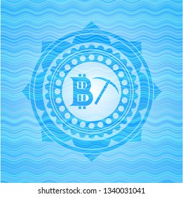 bitcoin mining icon inside light blue water wave badge.
