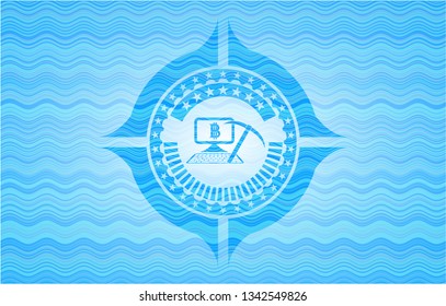 bitcoin mining icon inside light blue water emblem background.