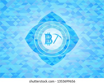 bitcoin mining icon inside light blue emblem with triangle mosaic background