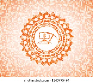 bitcoin mining icon inside orange mosaic emblem