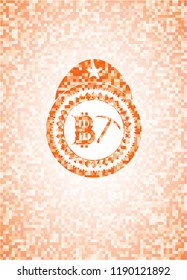 bitcoin mining icon inside orange tile background illustration. Square geometric mosaic seamless pattern with emblem inside.